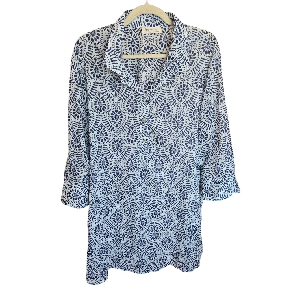 BluThreads RockFlowerPaper Button Down Dress Tunic Blue White Cover Up Large